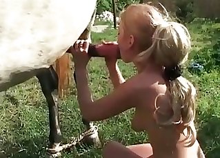 Lovely platinum-blonde slut is deepthroating the big cock of a horse