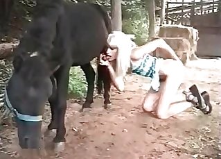 Stupid whore with blonde hair sucks the cock of a stallion