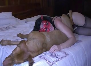 Gal in the mask deep throats her rear end nice dick